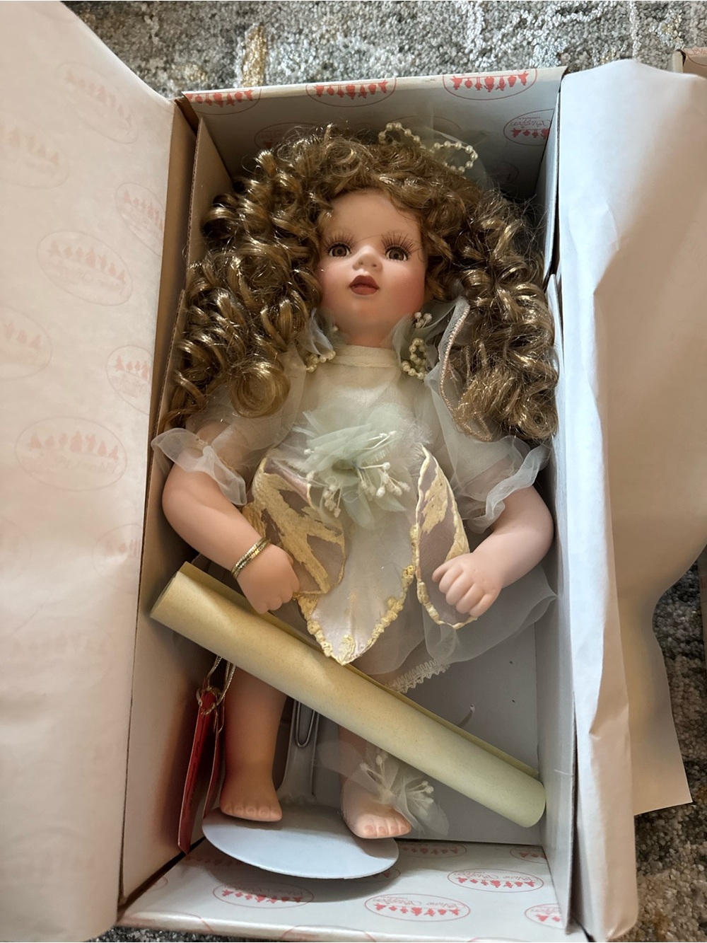 Vintage Breezy Porcelain Doll in Cream and Gold Dress